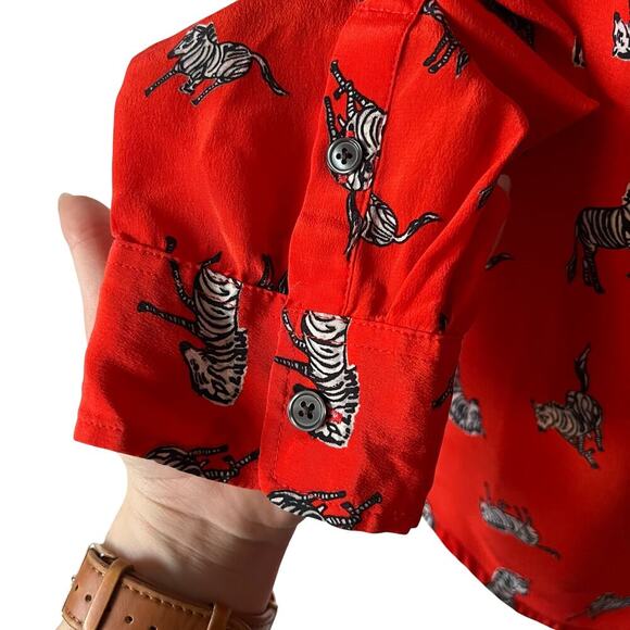 C. Wonder 100% Silk Red with Zebra Motif Button Down Blouse Size XL - Picture 4 of 5